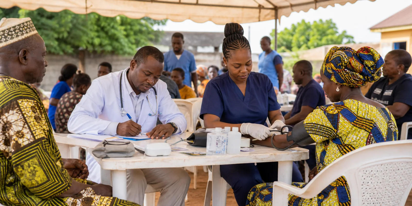 Black Nigerian medical team providing free screening at a community outreach in Akure