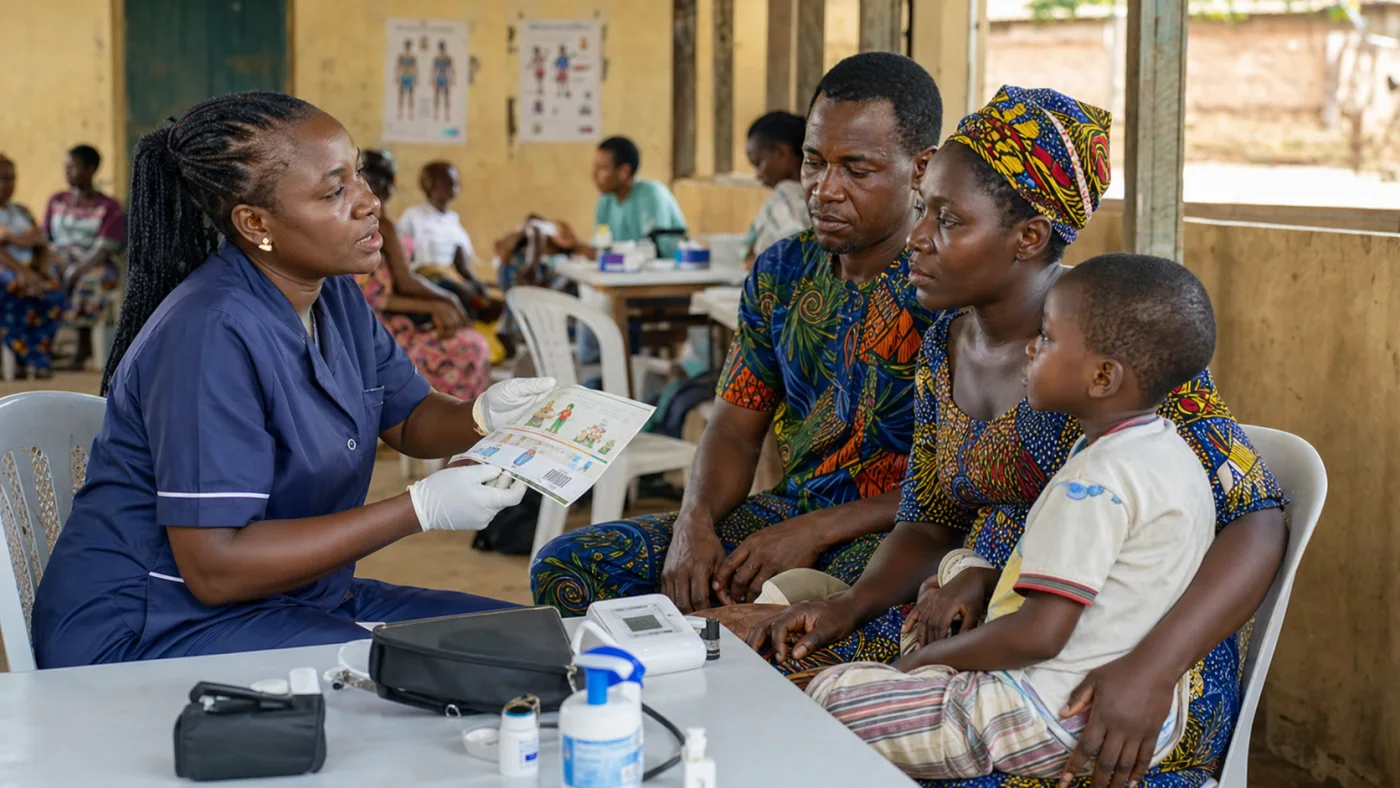 Black Nigerian nurse explaining health education to a local family during community outreach