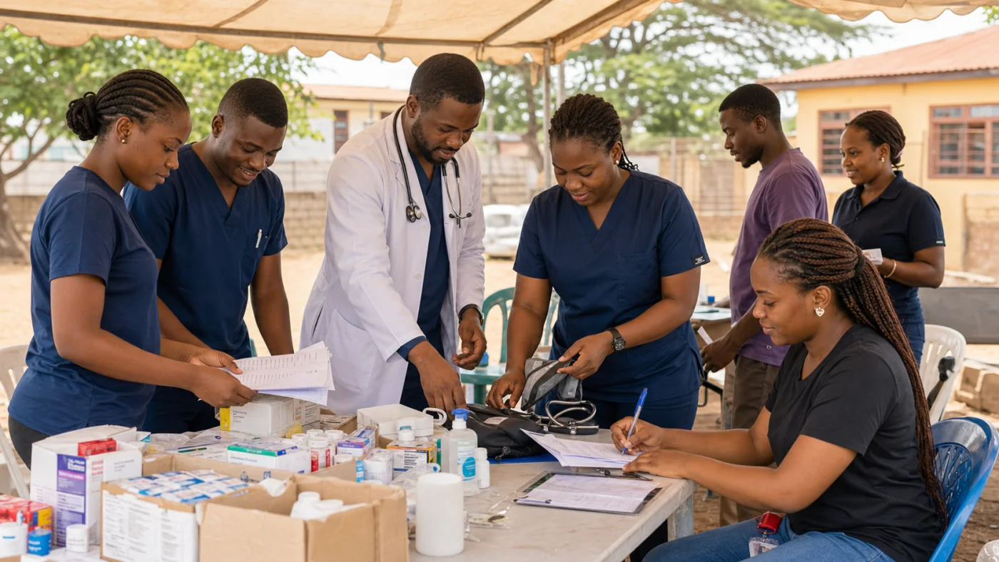 Black Nigerian medical volunteers preparing supplies for a free health outreach